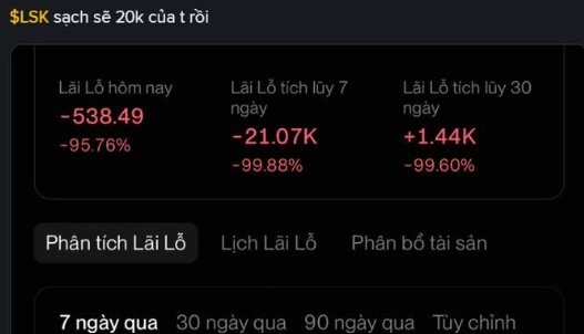 Vietnamese-language trading interface showing '$LSK sẽ sớm 20k của t rồi' with substantial losses: 'Lãi Lỗ hôm nay -538.49 -95.76%', 'Lãi Lỗ tích lũy 7 ngày -21.07K -99.88%', and 'Lãi Lỗ tích lũy 30 ngày +1.44K -99.60%'.