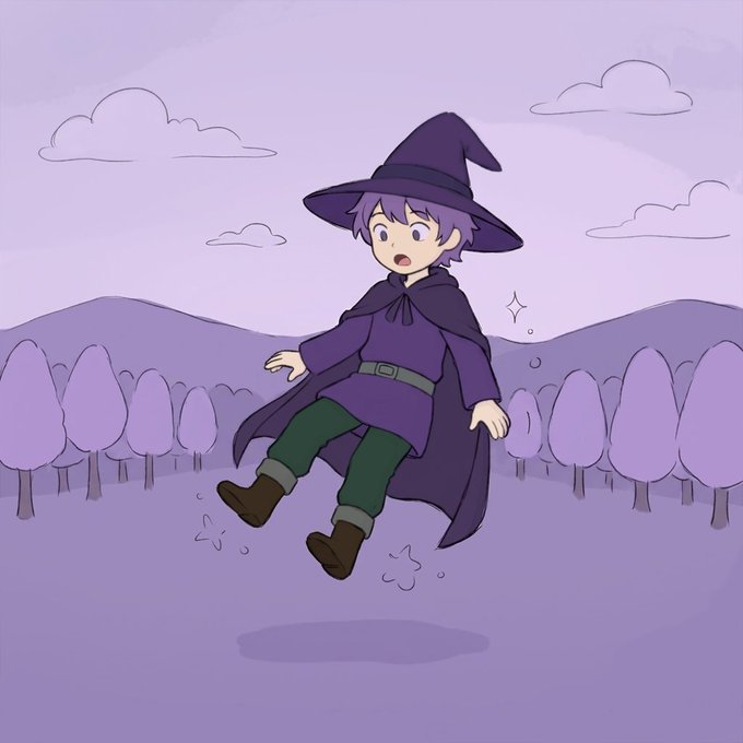 An anime-style illustration of a young witch with purple hair wearing a pointed hat and dark cloak, appearing to float or jump against a purple-toned landscape with stylized trees.