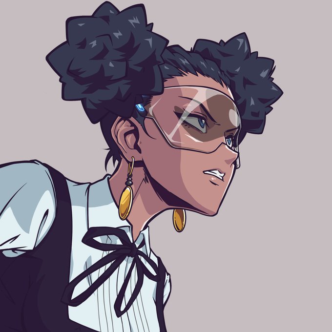 An anime-style illustration of a character with dark hair in twin buns, wearing protective goggles, gold teardrop earrings, and a black and white outfit with a ribbon tie.