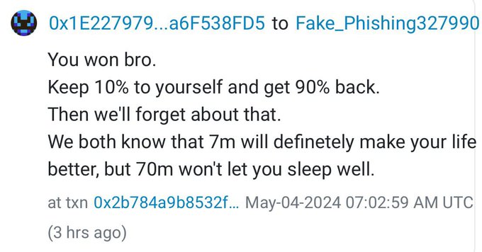 A screenshot of a blockchain message from wallet address 0x1E227979...a6F538FD5 to Fake_Phishing327990, containing a scam text: "You won bro. Keep 10% to yourself and get 90% back. Then we'll forget about that. We both know that 7m will definitely make your life better, but 70m won't let you sleep well."
