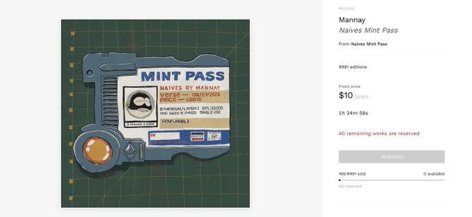 The image shows a digital NFT listing page titled "Mannay - Naives Mint Pass" with artwork depicting a key-shaped ID badge displaying "MINT PASS - NAIVES BY MANNAY" and a verse date of 09/27/2022, priced at $10 with 9,991 editions. The artwork, created by artist @mannay, represents the mint pass for the "Naives" collection, which can be minted on @verse_works for $10 each with a 10 mint per wallet limit, as detailed in the accompanying post.