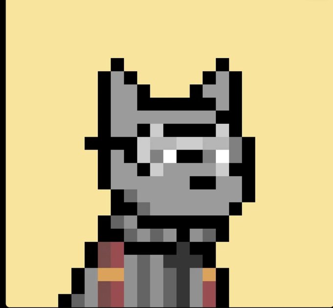 A pixel art illustration of a gray, anthropomorphic animal character with horns wearing a red garment, set against a plain yellow background.