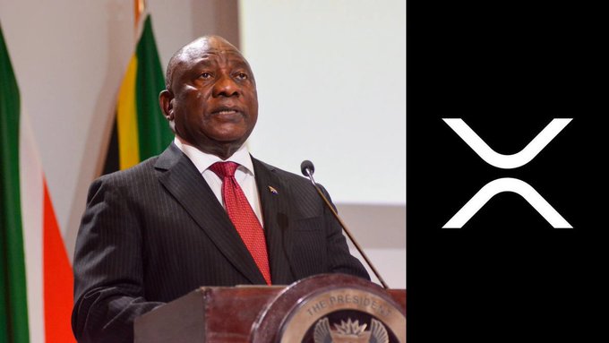 South African President Cyril Ramaphosa stands at a presidential podium with South African flags in the background, juxtaposed with the XRP logo, illustrating the accompanying post about South Africa's new crypto tax draft that would make nearly every XRP transaction a taxable event.