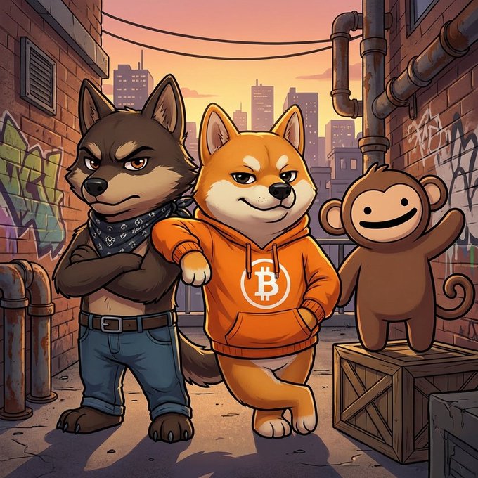 A cartoon wolf and a Shiba Inu wearing an orange Bitcoin hoodie stand alongside a smiling monkey in an alleyway at sunset, visually personifying the $LOBO, $DOG, and $PUPS memecoins referenced in the post. The trio embodies the "believe in runes" spirit by turning each token's mascot into characters posing together in a gritty urban scene.