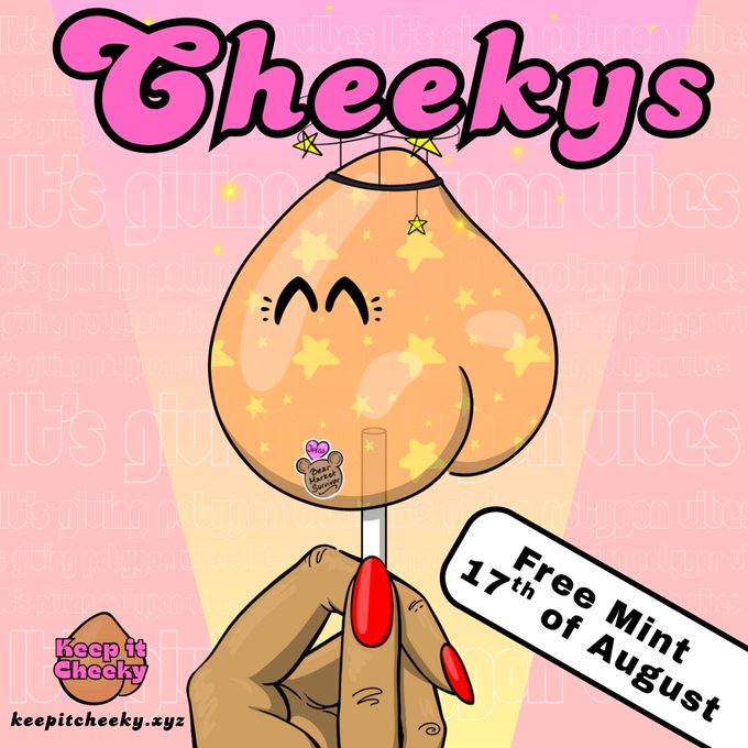 A pink promotional graphic for "Cheekys" featuring an illustrated orange lollipop and the text "Free Mint 17th of August" along with "keep it cheeky".
