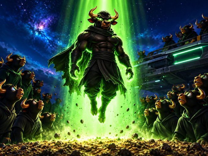 A digital illustration showing a muscular minotaur character hovering in a green beam of light, surrounded by other minotaurs looking up at him against a starry background.