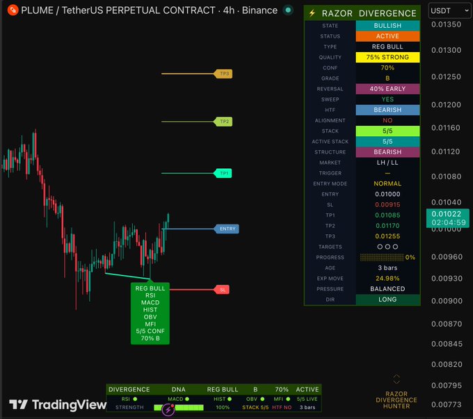A TradingView chart displaying the PLUME/USDT Perpetual Contract on a 4h timeframe from Binance, featuring a "RAZOR DIVERGENCE HUNTER" indicator panel identifying a bullish regular divergence setup with a 75% strength, B-grade, and long entry at 0.01000 targeting TP1 (0.01085), TP2 (0.01170), and TP3 (0.01255).