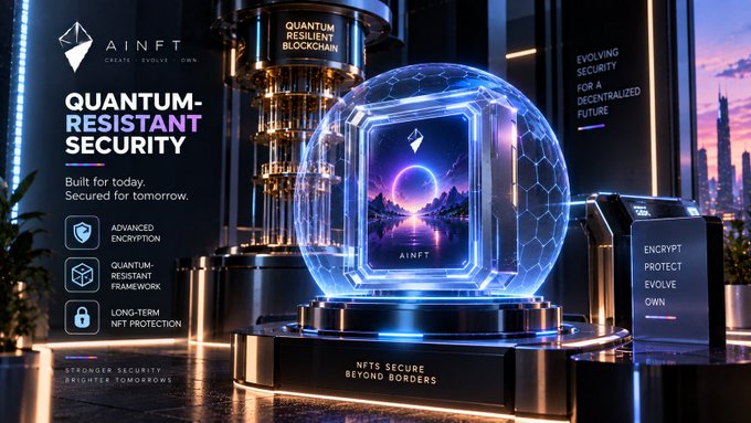 A futuristic digital marketing graphic for "AiNFT" promoting "QUANTUM-RESISTANT SECURITY" with the tagline "Built for today. Secured for tomorrow," featuring a glowing blue shield display and features like "ADVANCED ENCRYPTION," "QUANTUM-RESISTANT FRAMEWORK," and "LONG-TERM NFT PROTECTION."