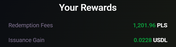 A dark 'Your Rewards' screen showing 'Redemption Fees' at 1,201.96 PLS and 'Issuance Gain' at 0.0228 USDL.