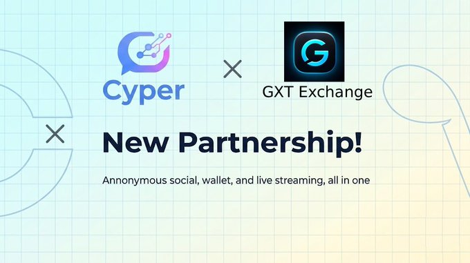 The image is a partnership announcement graphic featuring the logos of "Cyper" (a speech bubble icon with circuit-like nodes) and "GXT Exchange" (a stylized "G" logo) displayed side by side with an "×" symbol between them, accompanied by the text "New Partnership!" and the tagline "Annonymous social, wallet, and live streaming, all in one" on a light grid background.