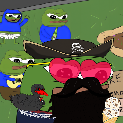 A digital drawing of multiple Pepe the Frog characters, with one wearing heart-shaped sunglasses and a pirate hat with skull and crossbones in the foreground.