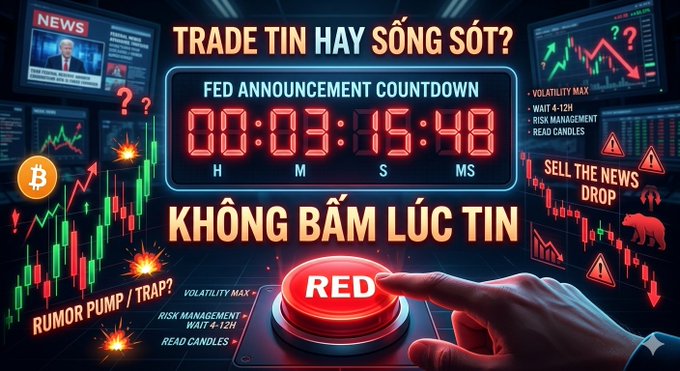 A dramatic trading-themed graphic with countdown timer text 'FED ANNOUNCEMENT COUNTDOWN' and 'KHÔNG BẤM LÚC TIN' in Vietnamese, showing candlestick charts, a Bitcoin symbol, and a hand pressing a red 'RED' button.