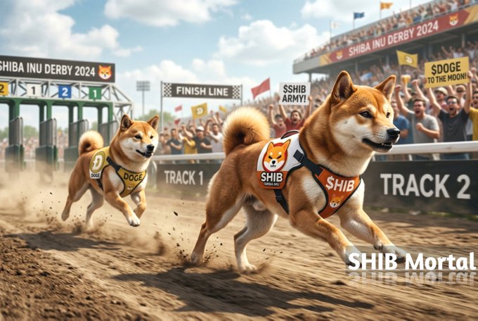 A promotional image for 'SHIB Mortal' depicting a 'Shiba Inu Derby 2024' with two Shiba Inu dogs racing on tracks labeled 'TRACK 1' and 'TRACK 2' in front of a cheering crowd.