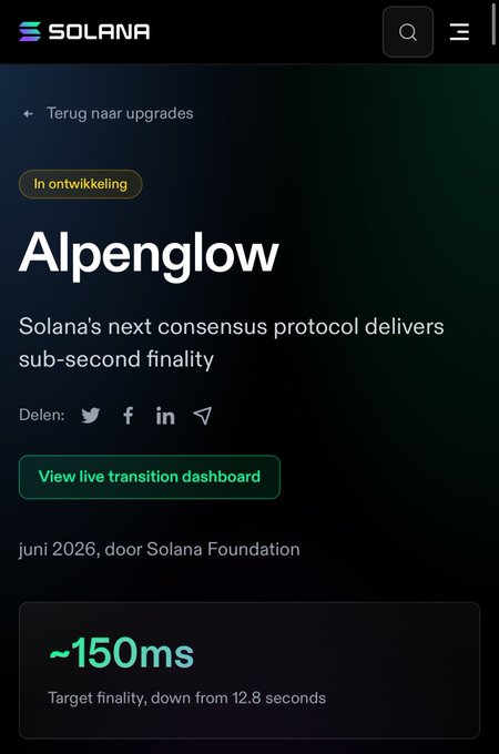 A Solana Foundation webpage introducing 'Alpenglow,' Solana's next consensus protocol, with text in Dutch noting a target finality of ~150ms down from 12.8 seconds, targeted for June 2026.