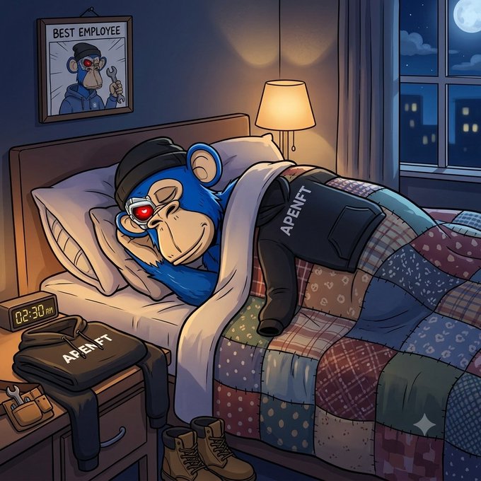 A cartoon illustration of a blue ape character with red glowing eyes sleeping in bed wearing an 'APENFT' hoodie, with a 'BEST EMPLOYEE' framed picture on the wall, a digital clock reading '02:30 AM,' and a folded APENFT shirt on the nightstand.