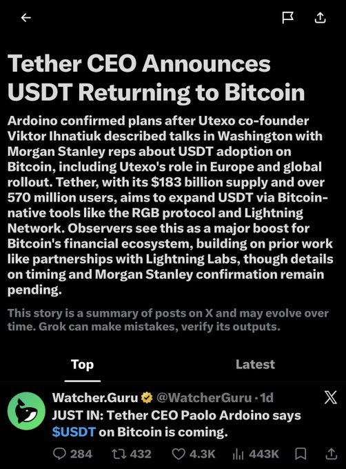 A news article titled 'Tether CEO Announces USDT Returning to Bitcoin' discusses Paolo Ardoino's plans, accompanied by a tweet from @WatcherGuru stating 'JUST IN: Tether CEO Paolo Ardoino says $USDT on Bitcoin is coming.'