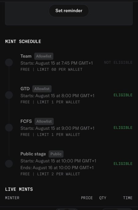 A dark-themed NFT mint schedule interface showing four phases on August 15: Team (Allowlist, not eligible), GTD (Allowlist, eligible), FCFS (Allowlist, eligible), and Public stage (Public, eligible), with a 'Set reminder' button at the top.