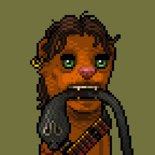 A pixel art portrait of a brown-skinned character with green eyes, brown hair, a hoop earring, and a bandolier.