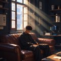A dimly lit scene of a person sitting on a brown leather couch, appearing to be in a moody, cinematic interior setting.