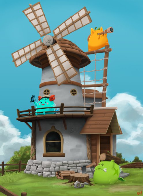 A whimsical 3D-rendered windmill scene features three colorful Axie Infinity creatures—an orange one perched atop with a telescope, a teal one on the wooden balcony, and a green one resting at the stone base—each going about their daily activities. The cozy, pastoral setting with wooden fencing, lush grass, and fluffy clouds perfectly captures the charming "day in the life" theme of the Axie starter trio.