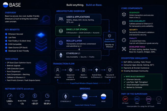 A detailed infographic for Base, an Ethereum L2 blockchain, showing architecture overview, key benefits, tech stack, transaction flow, network stats (1,000+ TPS, ~2s block time, <$0.01 tx cost, 99.9%+ uptime), and ecosystem highlights.