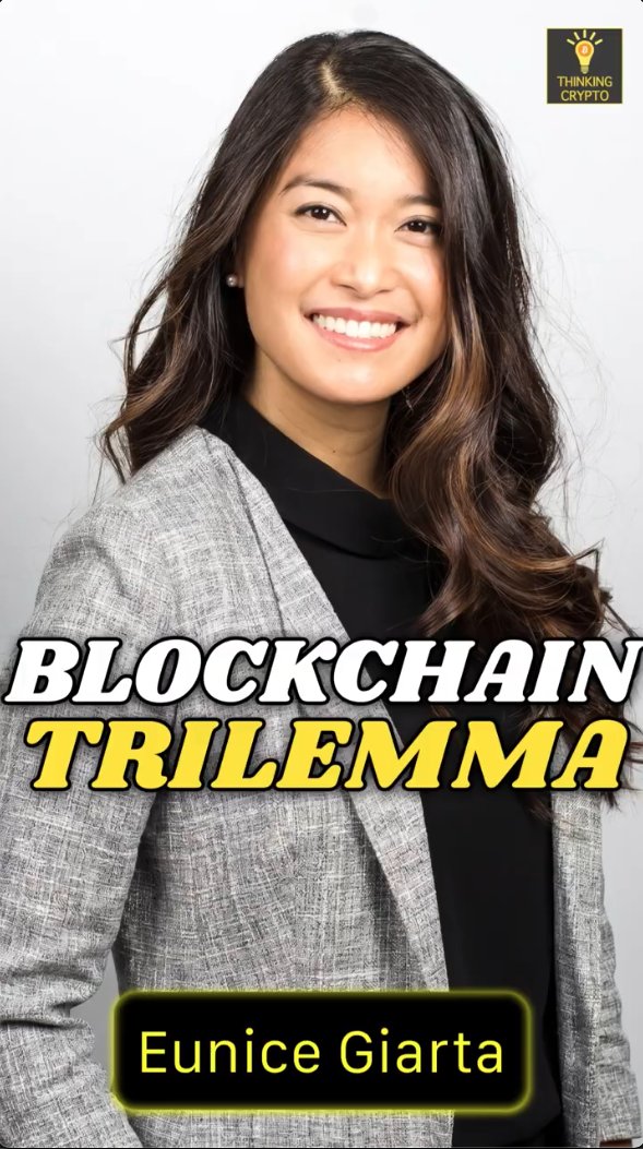 The image features a woman with long brown hair wearing a black blazer, smiling at the camera while standing against a white background. The text "Blockchain Trilemma" is written above her head, and there are two other texts below her that read "Monad Solves The Blockchain Trilemma!" and "10,000 TPS Explained Eunice Giarta".