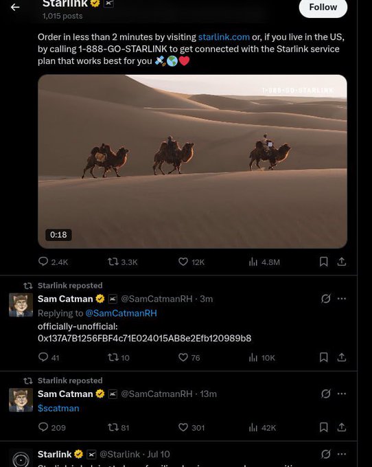 A Starlink X post with 1,015 posts showing a video of people riding camels in a desert, with text directing users to visit starlink.com or call 1-888-GO-STARLINK to order service, showing 4.8M views, 12K likes, and reposts from user @SamCatmanRH.