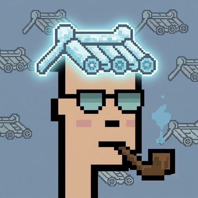 A pixel art character with sunglasses, a glowing ice crown, and a smoking pipe stands confidently against a blue background filled with flying silver bullets—evoking the "10k supply" reference to a limited crypto/NFT mint, with the cool crown and smoke symbolizing a triumphant, hard-earned drop.
