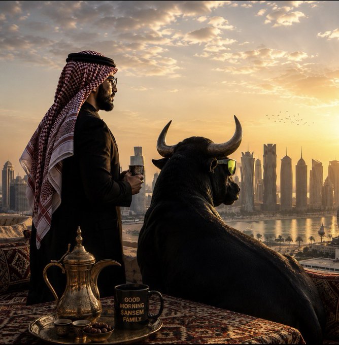A man in traditional Gulf attire stands alongside a black bull wearing sunglasses, gazing over a futuristic skyline at sunset, with a coffee pot and mug reading "GOOD MORNING SANSEM FAMILY" in the foreground. The image symbolizes strength, vision, and grounded optimism, reinforcing the post's message about staying calm and thoughtful amid the hype of crypto markets—success comes from discipline, not chasing every "100x."