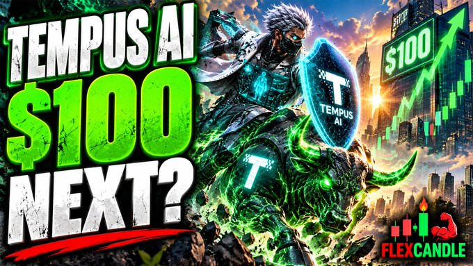 A YouTube thumbnail featuring an AI-generated warrior riding a glowing green bull, with large text reading 'TEMPUS AI', '$100', and 'NEXT?', alongside a 'FLEXCANDLE' logo and an upward stock chart.