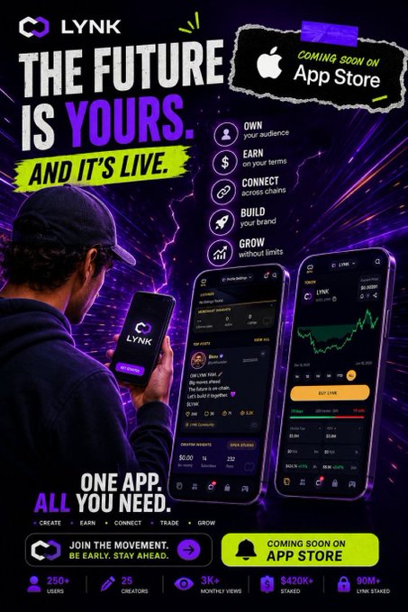 A promotional poster for the LYNK app with the tagline 'THE FUTURE IS YOURS. AND IT'S LIVE', featuring a person holding a phone displaying the app interface and a 'COMING SOON ON App Store' badge.