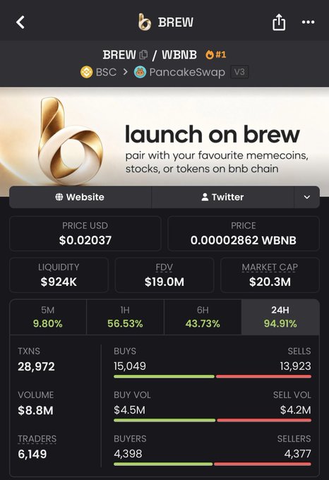 Token launch page for BREW on BNB Chain via PancakeSwap V3, showing a price of $0.02037 (0.00002862 WBNB), liquidity of $924K, FDV $19.0M, market cap $20.3M, and performance gains of 9.80% (5M), 56.53% (1H), 43.73% (6H), and 94.91% (24H).