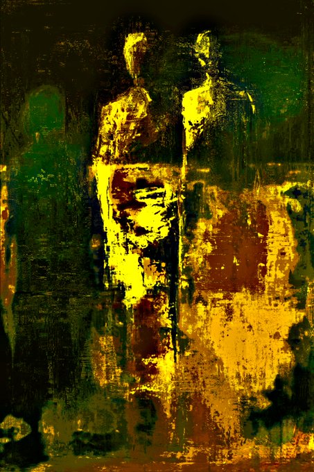 An abstract expressionist painting featuring heavily textured vertical strokes in dark green, gold, and yellow tones with hints of red, evoking shadowy figures.