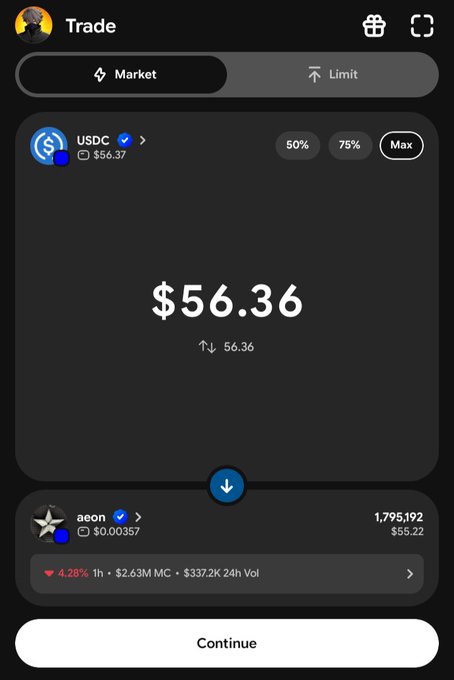 A cryptocurrency trading interface showing a trade of $56.36 USDC for 'aeon' tokens priced at $0.00357, down 4.28%.