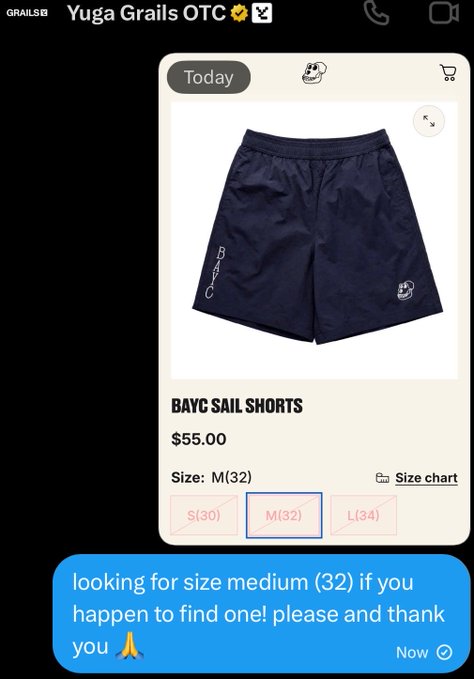 A Snapchat message from Yuga Grails OTC searching for 'BAYC SAIL SHORTS' in size medium (32), priced at $55.00.