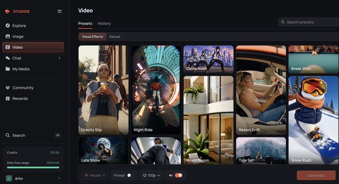 A screenshot of a video generation interface showing preset options like 'Gravity Slip,' 'Night Ride,' 'Clone Rush,' 'Break Shot,' and 'Resort Drift.'