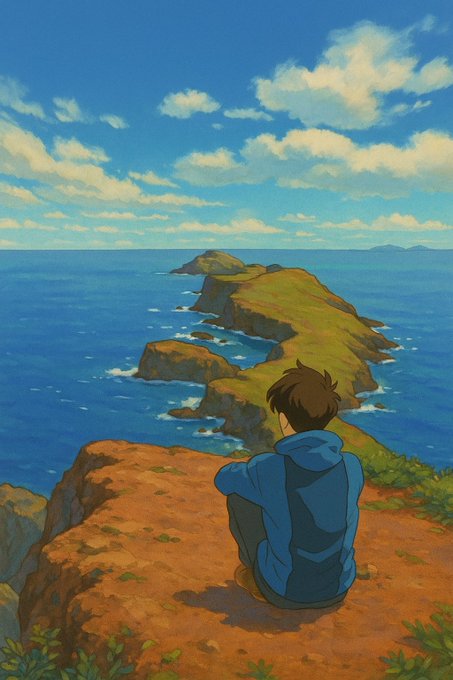 An anime-style illustration shows a boy with dark hair wearing a blue hoodie, sitting on a grassy cliff overlooking a serene ocean with small islands under a bright, cloudy sky.