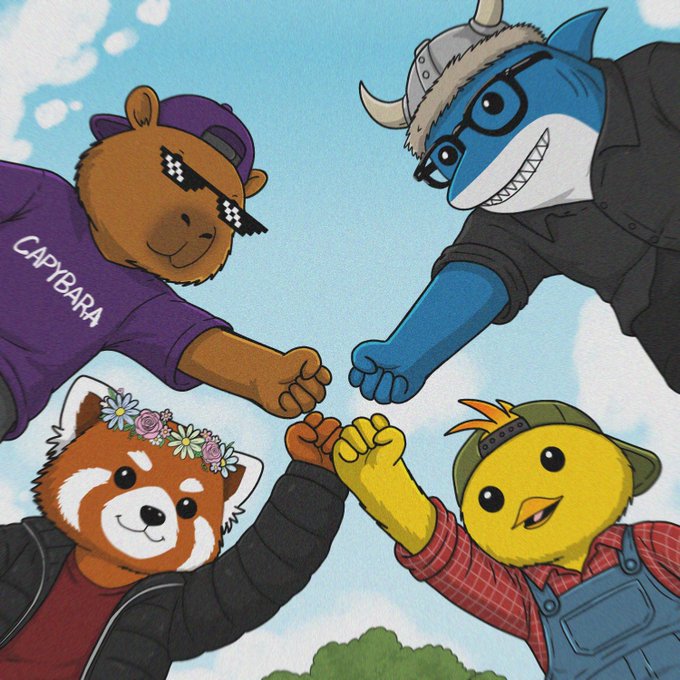 A cartoon illustration of four characters — a capybara in a 'CAPYBARA' shirt, a red panda with flowers, a blue shark in a Viking helmet, and a yellow bird in overalls — joining hands in a circle.
