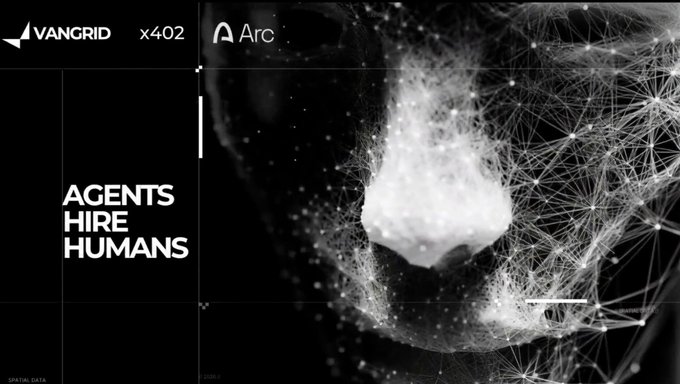 The image is a black and white graphic featuring logos for 'VANGRID' and 'Arc' at the top. The text 'AGENTS HIRE HUMANS' is displayed on the left, alongside an illustration of a nose formed by a network of dots and lines on the right.