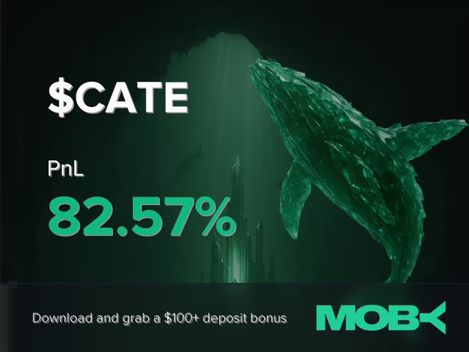A promotional graphic features a dramatic emerald-toned whale emerging from dark waters, highlighting a $CATE trading win with a PnL of 82.57%, accompanied by the Moby logo and an offer for a $100+ deposit bonus at the bottom.