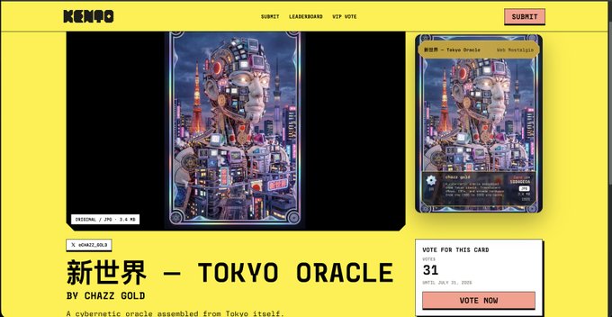 A yellow webpage for 'KENGO' displays a 'TOKYO ORACLE' NFT card titled '新世界 — TOKYO ORACLE' by Chazz Gold, with 'VOTE NOW' option showing 31 votes and ending July 31, 2020.