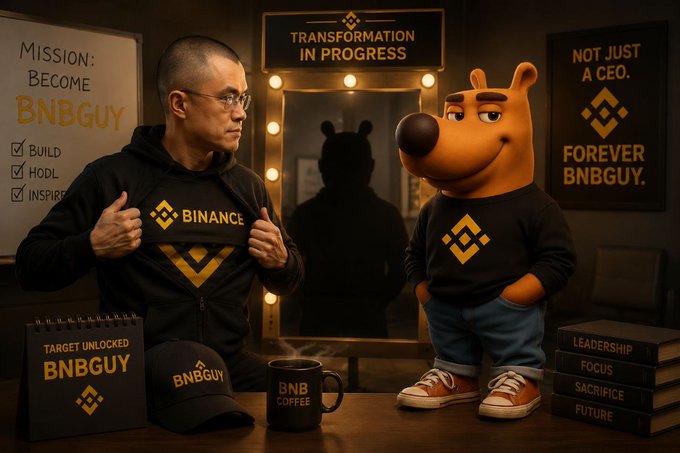 Whimsical branded image featuring CZ in Binance attire beside a cartoon mascot, surrounded by text like 'TRANSFORMATION IN PROGRESS', 'NOT JUST A CEO. FOREVER BNBGUY', and a checklist to 'BECOME BNBGUY' through Build, HODL, and Inspire.