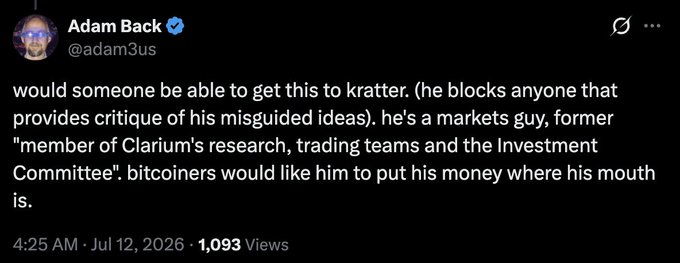 A tweet from Adam Back (@adam3us) reading: 'would someone be able to get this to kratter. (he blocks anyone that provides critique of his misguided ideas). he's a markets guy, former "member of Clarium's research, trading teams and the Investment Committtee". bitcoiners would like him to put his money where his mouth is.' — posted 4:25 AM, Jul 12, 2026, with 1,093 Views.