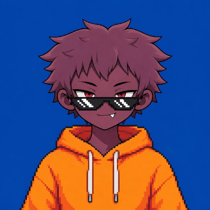 A pixel art-style avatar of a dark-skinned character with spiky purple hair, red eyes, "deal with it" sunglasses, a fang smirk, and an orange hoodie, set against a blue background. The image accompanies a casual "Gm" (good morning) post, serving as a stylized profile picture or signature visual for the greeting.
