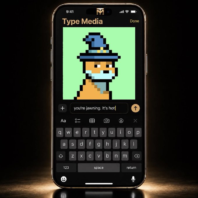 An iPhone displaying a messaging app titled "Type Media" with a pixel art image of a character wearing a wizard hat and face mask on a green background, with the caption "you're jawning. It's hot!" typed in the input field.