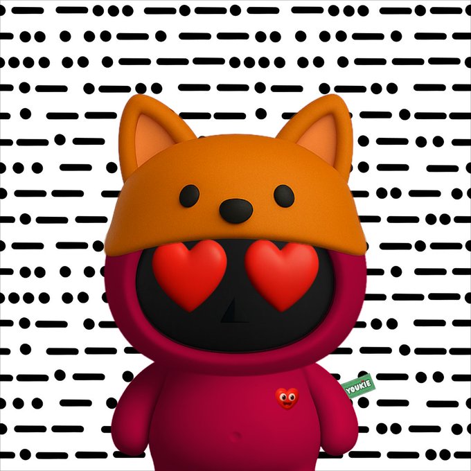 A 3D-rendered character wearing a red hoodie and an orange fox hat displays heart-shaped red eyes, set against a black-and-white patterned background of dots and dashes.