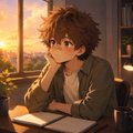 An anime-style illustration shows a brown-haired character in a green jacket resting their chin on their hand while looking out a window at a sunset.