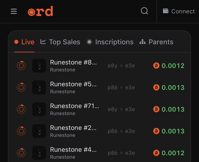 The Ord website showing Live Bitcoin Ordinals listings with Runestone items priced in BTC (0.0012-0.0013) under various transaction IDs.