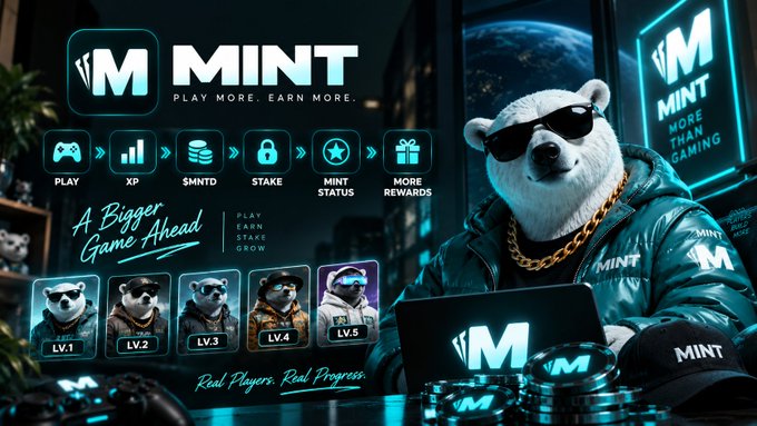 A promotional banner for 'MINT' featuring a polar bear wearing sunglasses and a gold chain, with the tagline 'PLAY MORE. EARN MORE.' and icons showing levels LV.1 through LV.5 alongside features like 'PLAY', 'XP', '$MNTD', 'STAKE', and 'MINT STATUS'.
