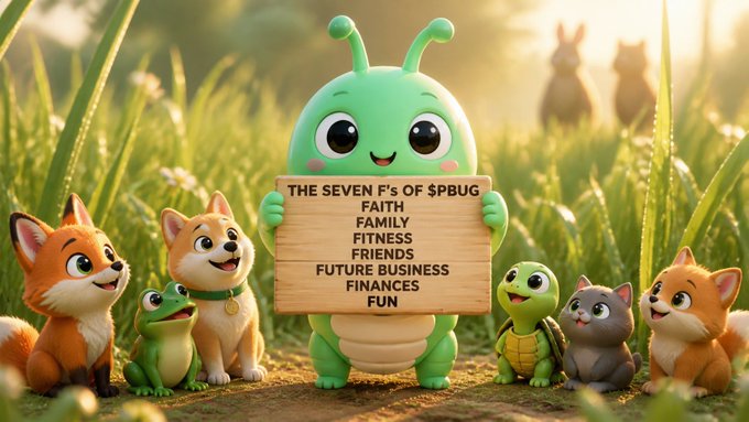 A 3D cartoon illustration of a green caterpillar character holding a wooden sign listing 'THE SEVEN F's of $PBUG': FAITH, FAMILY, FITNESS, FRIENDS, FUTURE BUSINESS, FINANCES, FUN, surrounded by cute animal characters.
